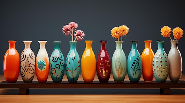 10 という数字が描かれた花瓶を含むカラフルな花瓶のコレクション