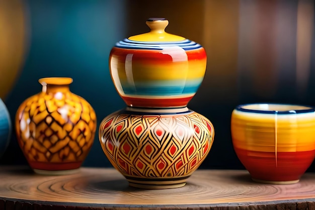 a collection of colorful vases on a table, one of which has a pattern of different colors.