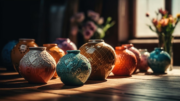 A collection of colorful vases on a table with flowers in the background