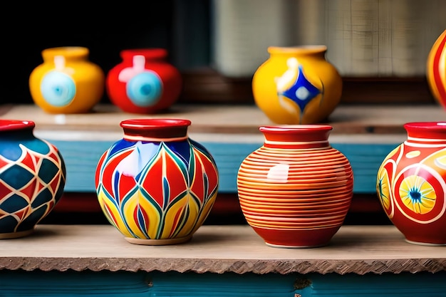 A collection of colorful vases with a blue and yellow design