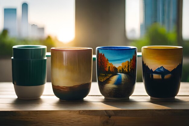 A collection of colorful vases with a river landscape on the side