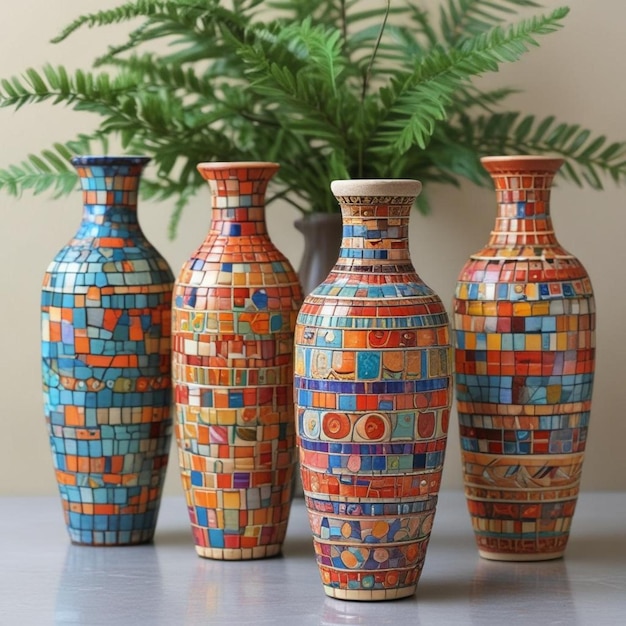 a collection of colorful vases with the word  mosaic  on the bottom