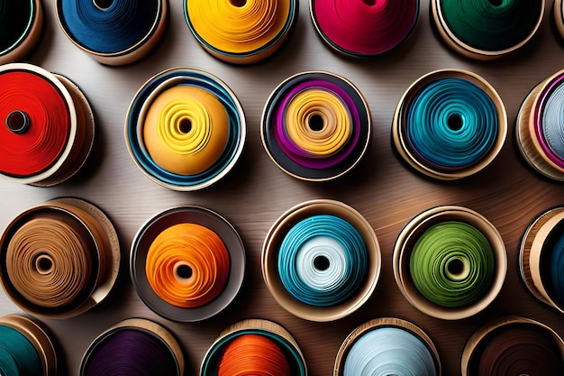 A collection of colorful yarns are arranged in a row.