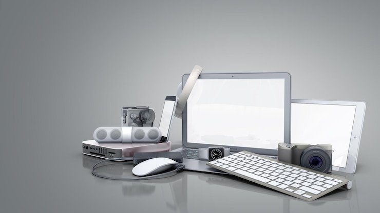 फोटो collection of consumer electronics 3d render on grey background