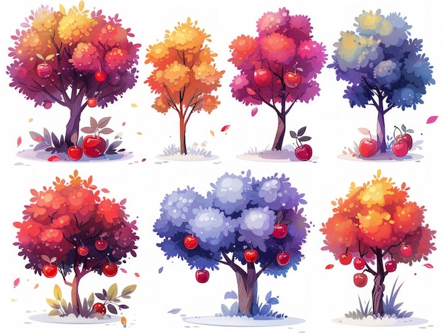 Collection of Contemporary Cherry Tree Illustrations on White Background Generative AI