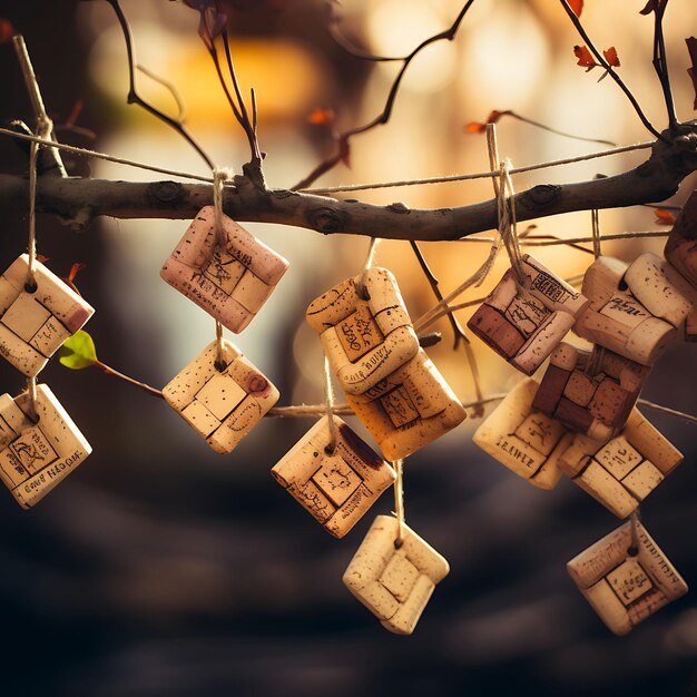 Foto collezione di carte esagonali di sughero sospese sui rami della vite con b vintage nature hang tag