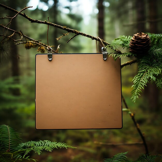 Photo collection of corkboard oblong card suspended from pine branches with eart vintage nature hang tag