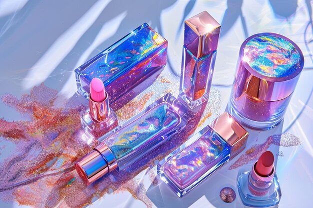 A collection of cosmetics artfully arranged on a shimmering holographic surface