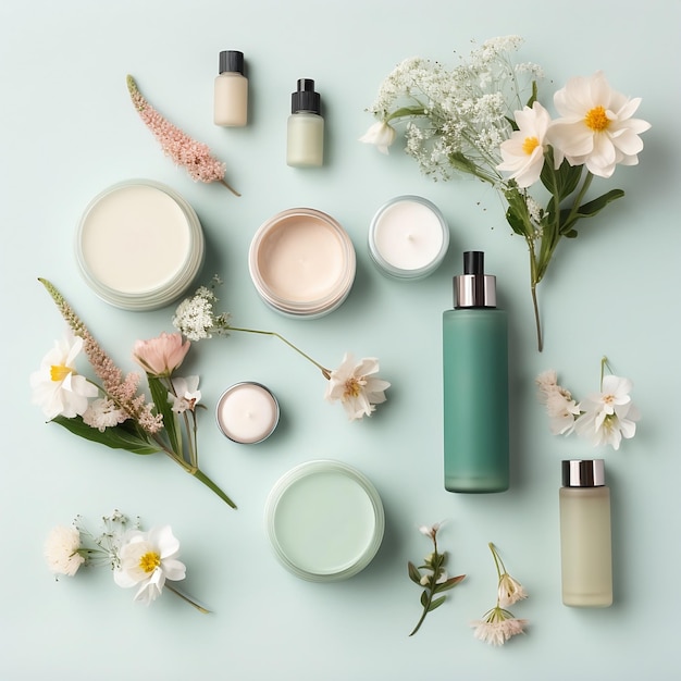 Photo a collection of cosmetics including a bottle of cream hand lotion on a green floral background