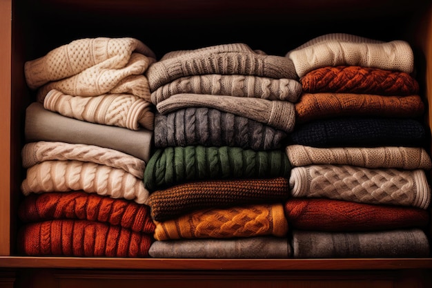 Collection Of Cozy Knitwear And Sweaters Neatly Stacked Generative AI