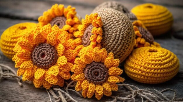 A collection of crocheted sunflowers are on a table