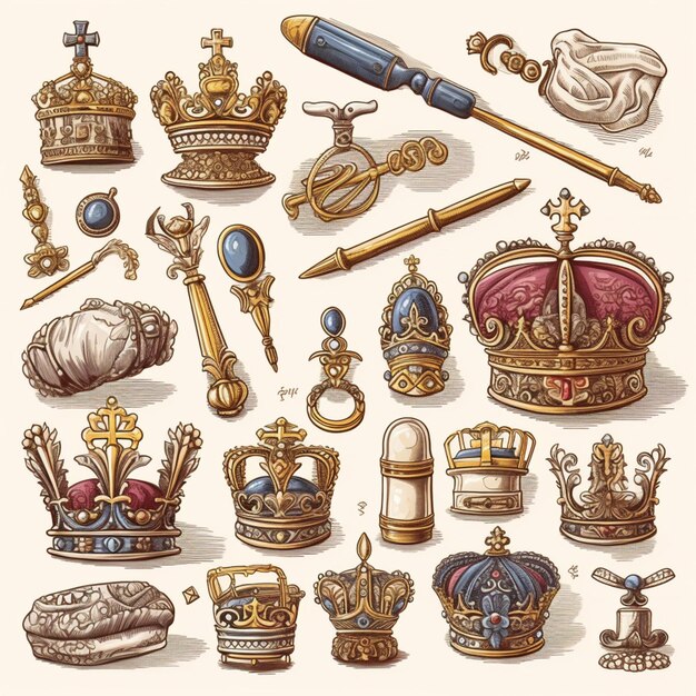 Photo a collection of crowns and a sword.