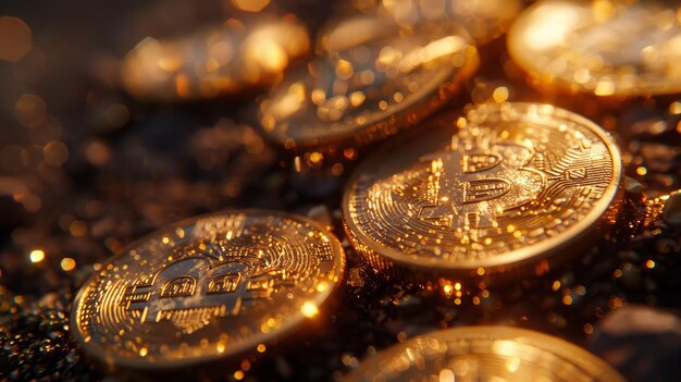 Collection of cryptocurrency gold coins brightly illuminated Coins are scattered in a stack in the center emitting an aura of digital wealth and financial innovation