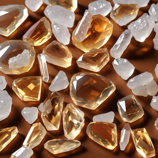 Collection of crystals on brown background