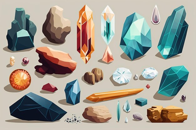 A collection of crystals and gemstones lay flat design