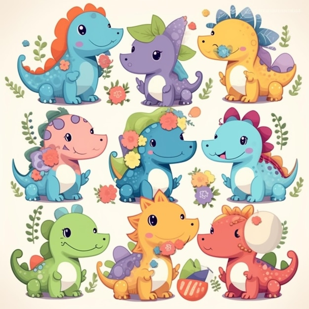 A collection of cute cartoon dinosaurs.