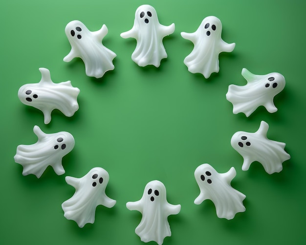 Photo collection of cute novelty ghost decorations on green background for halloween