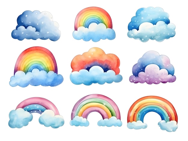 Collection of Cute rainbow clipart with cartoon style watercolor cloud set