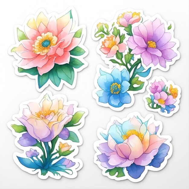 A collection of cute vivid flowers illustration sticker watercolor style