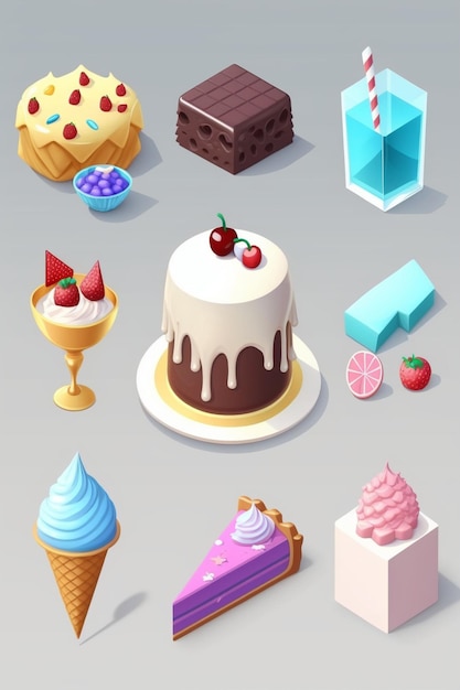 A collection of desserts including a cake, ice cream, and a cupcake.