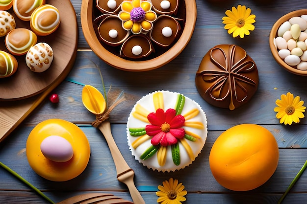a collection of desserts including a variety of fruits and flowers.