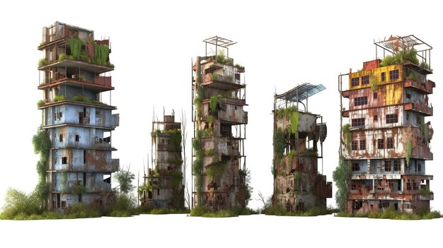 Photo a collection of destroyed skyscrapers tall postapocalyptic buildings house buildings generative ai