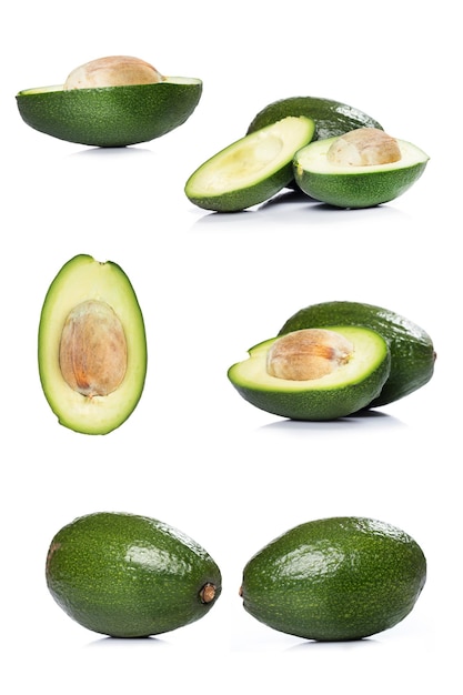 Collection of different avocado fruits isolated on white background