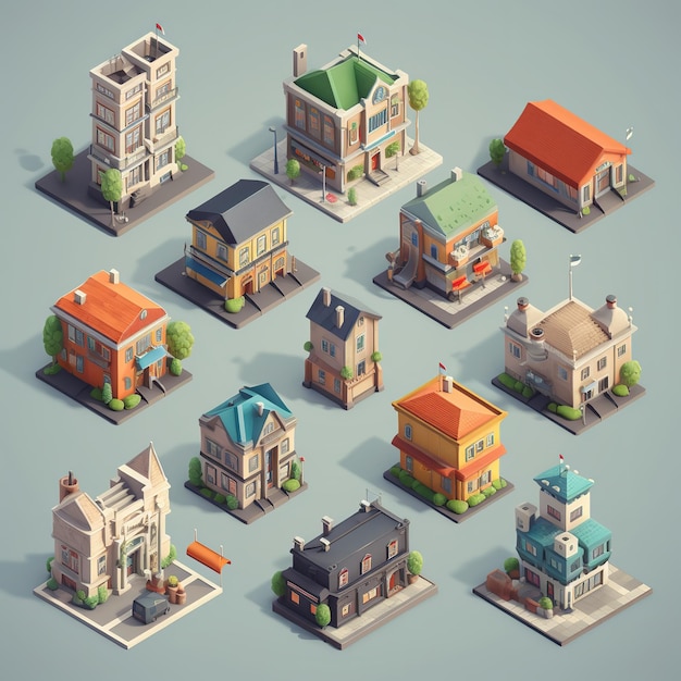 A collection of different buildings including one that says house