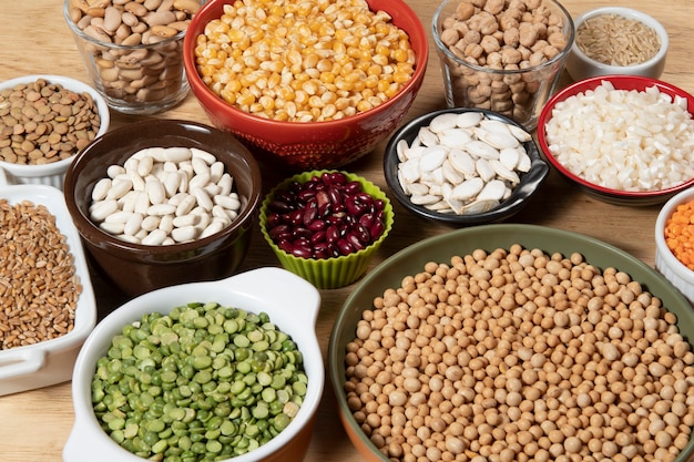 Collection of different cereal varieties and edible dry seeds. Examples of fiber sources