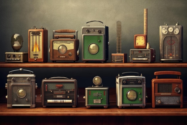 Collection of different classic old radios created with generative ai