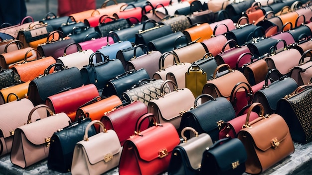 a collection of different colored bags are displayed
