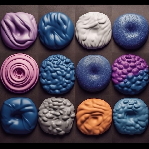 A collection of different colored balls with one that says brain muffins.