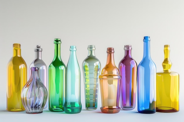 A collection of different colored glass bottles with white background Recycle concept