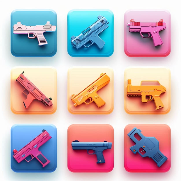 총과 총을 포함한 다양한 색상의 아이콘의 컬렉션