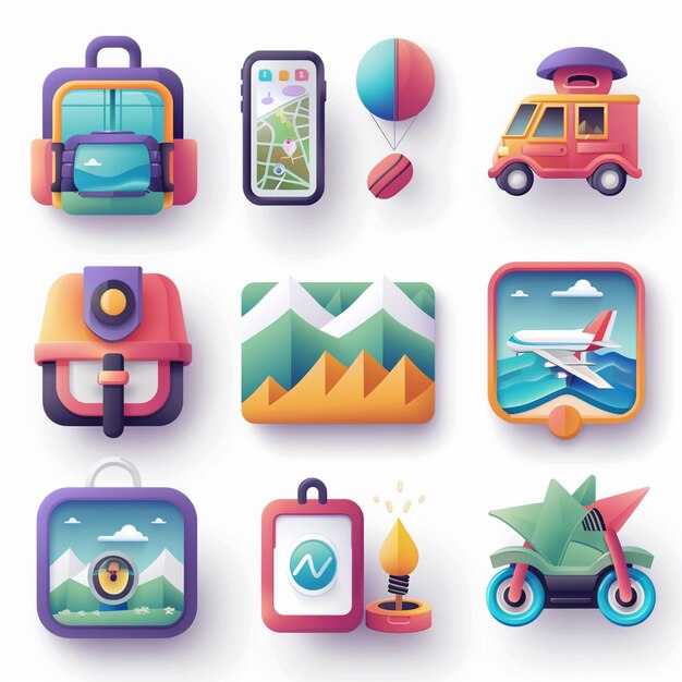 Photo a collection of different colored icons including a travel bag a car and a plane