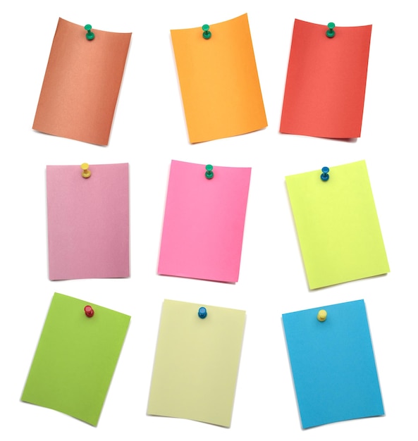 Collection of different colored pinned sheets of note papers stickers Isolated on white background