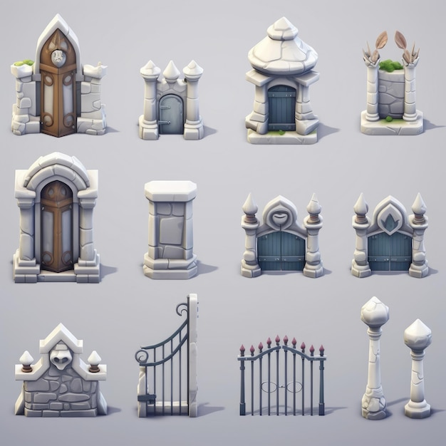 A collection of different colored statues including a set of gates and a gate.