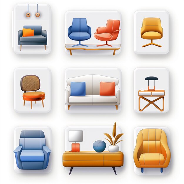 a collection of different couches including one with a blue and orange color