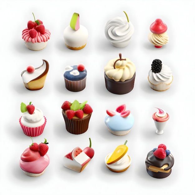 collection of different cupcakes on a white background 3d rendering