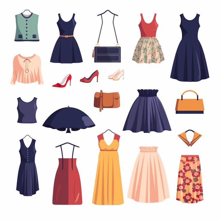Photo a collection of different dresses including one with a red and blue dress