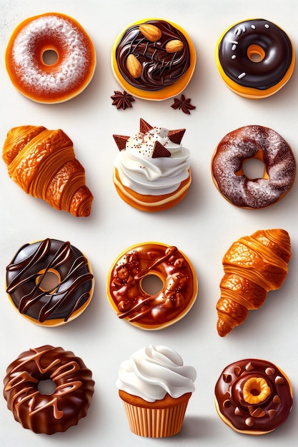 Collection of different flavored doughnuts each with unique topping or decoration