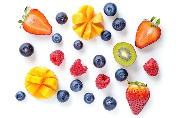 a collection of different fruits including one that has the word  fruit  on it