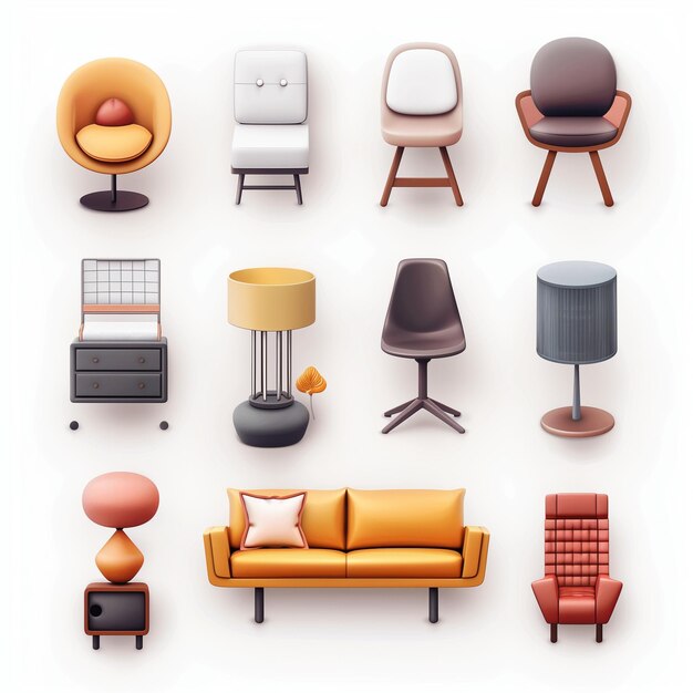 a collection of different furniture including one with a orange chair and a tv