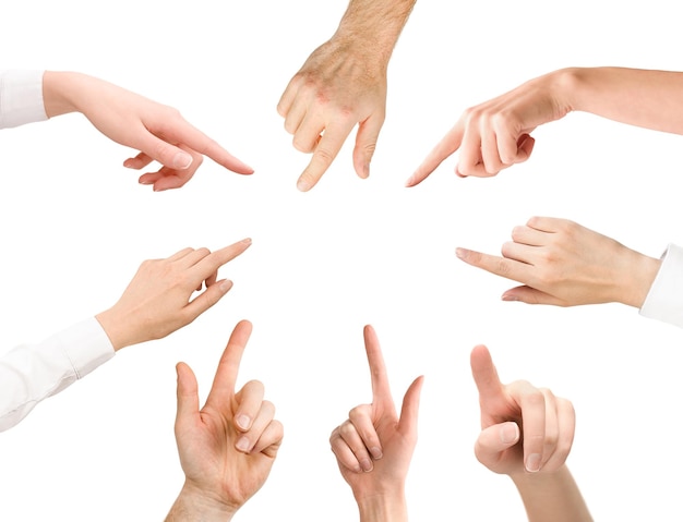 Photo collection of different human hands pointing fingers isolated on white background