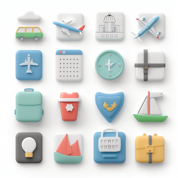 коллекция различных икон, включая пляж и самолет