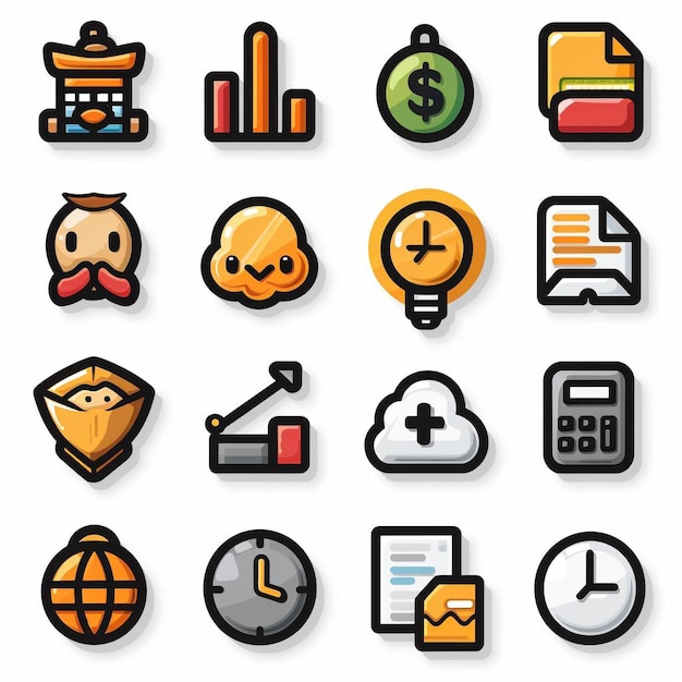 a collection of different icons including a clock the time of 5 30