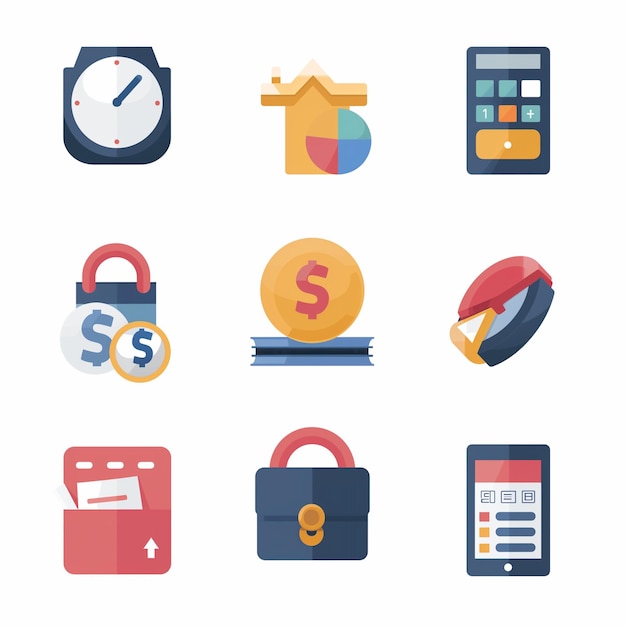 a collection of different icons including a clock a wallet and a coin