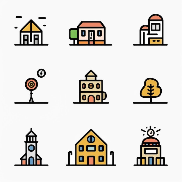 a collection of different icons including a house and a clock