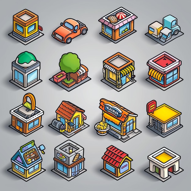 a collection of different illustrations including a toy store and a car