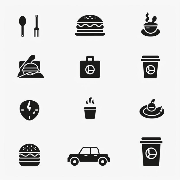 a collection of different items including a burger car car and a cup of coffee